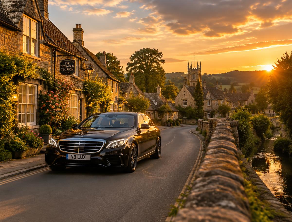 Mercedes on a Cotswolds village road at sunset